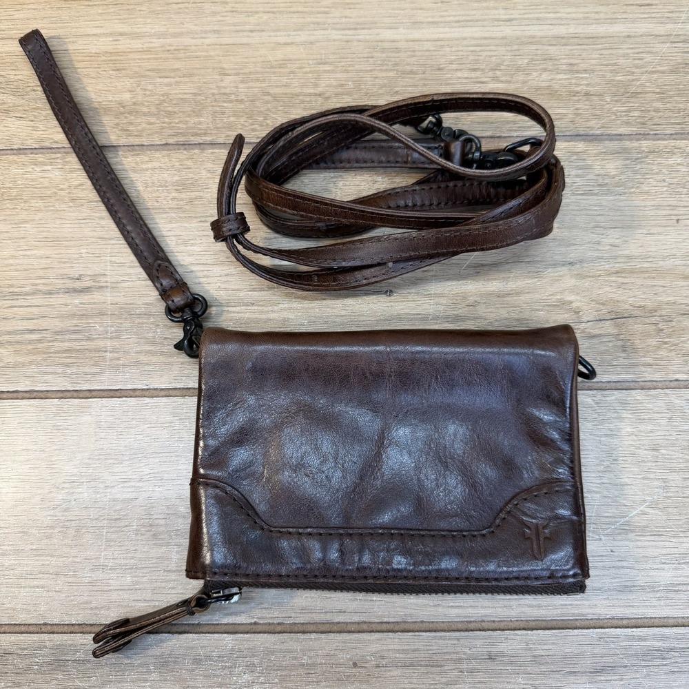 FRYE MELISSA Crossbody Stadium Bag Wristlet Dark Brown Leather 4"x6" Distressed
